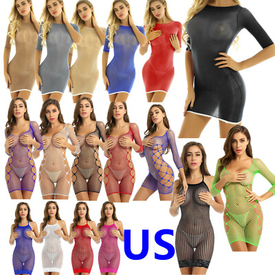 #ad US Women‘s See Through Mesh Mini Short Dress Bodycon Teddy Lingerie Nightwear $6.99