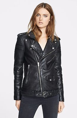 #ad Womens Leather Jacket Motorcycle Black Biker Genuine Lambskin black belted racer $195.00