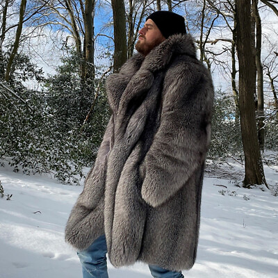 #ad Luxury Men Real Full Pet Silver Fox Fur Overcoat Natural Fur Shawl Collar Jacket $2413.83