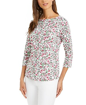 #ad Charter Club Womens Cotton Floral Print Boat Neck Top Bright White Size XL $8.00