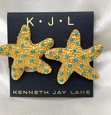 #ad Signed KJL Kenneth Lane Gold Tone Faux Turquoise Starfish Clip On Earrings $75.00