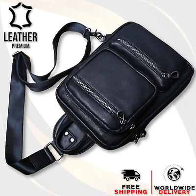 #ad GENUINE LEATHER Mens Designer Chest Bag Crossbody Shoulder Messenger Black Pack AU $163.35