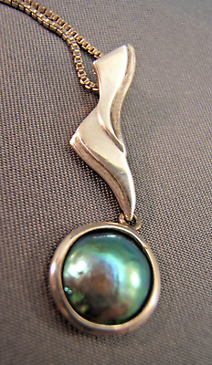#ad Art Jewelry Sterling Silver NZ Eyris Blue Pearl Pendant Necklace Paua Abalone $450.00