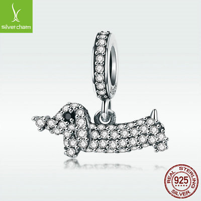#ad S925 Sterling Silver Charm Bead Dachshund Dog Pendant With CZ For Women Bracelet $9.45