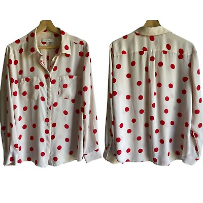 #ad LOFT Size Large Cream Red Polka Dot Long Sleeve Button Up Shirt Collared $19.70