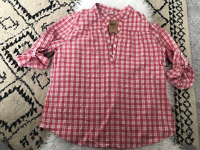 #ad Lucky Brand Women#x27;s Red Plaid 1 4 Button Roll Tab sleeve Size XL. New W tags. DD $28.50