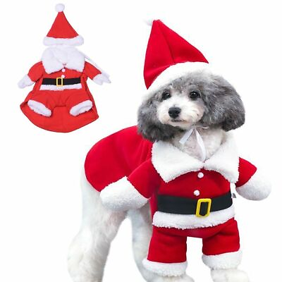 #ad Christmas Santa Claus Costume Dog Cat Suit with Cap Warm Coat Animal Pet Clothes $9.55