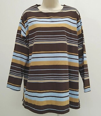 #ad Good Clothes Womens Tops Brown Blue Stripe Long Sleeve Round Neck Casual Size 1X $18.97