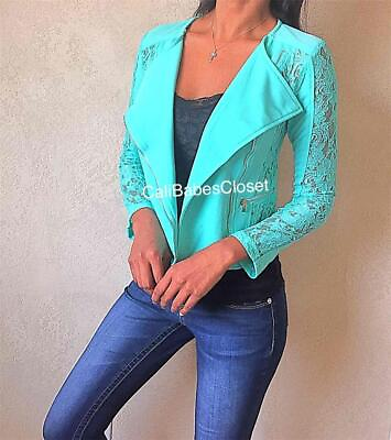 #ad NEW Mint Green Sexy Lace Blazer Jacket Zipper Date Work Women Trendy Moto 502 $20.00
