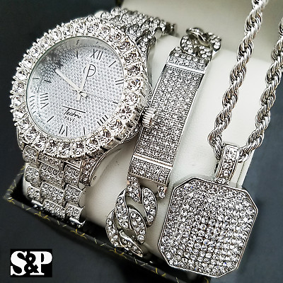 #ad MENS ICED HIP HOP SILVER PT WATCH amp; FULL ICED NECKLACE amp; BRACELET COMBO SET $39.99