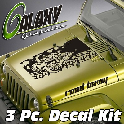 #ad 3 Pc Blackout Hood Decal Kit #18 for Jeep Wrangler Tread 4x4 Wild Boar Sticker $34.95