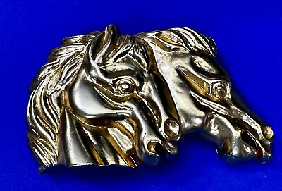 #ad Double Two Horse Head#x27;s Cutout Figure Large Gold Tone Belt Buckle JR? 95002 $18.50