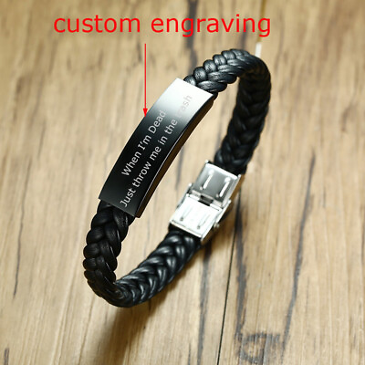 #ad Personalized Men Bracelet Braided Leather Surfer Wristband DIY ID Name Engraving $4.99