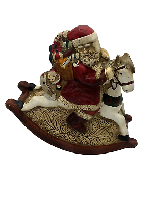 #ad Vintage Santa Claus Musical Rocking Horse Ceramic Plays Santa Claus Coming Town $29.48