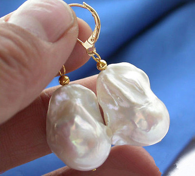 #ad REAL HUGE AAA SOUTH SEA NATURAL WHITE BAROQUE PEARL GOLD DANGLE EARRINGS $10.79