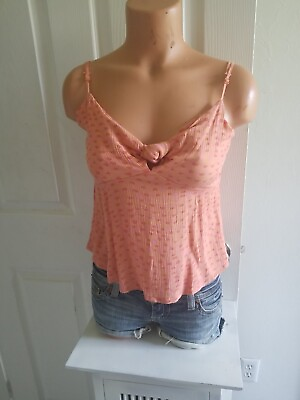 #ad Pink Rose Crop Top Juniors Size Coral Orange Dots Straps Rayon Knot Front NWT $9.74