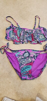 #ad Old navy paisley pink purple bikini set ruffled bralet and strappy bottoms Large $15.00