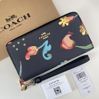 #ad COACH Coach long wallet with strap navy flower floral pattern F S $242.99