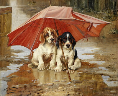 Dog under umbrella Oil painting Wall Art Giclee Printed on Canvas P680 $7.99