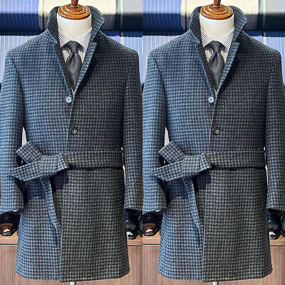 #ad Blue Checked Plaid Wool Blend Herringbone Coat Men Long Overcoat Winter Business $79.00