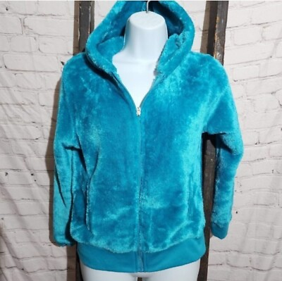 #ad Blue Hooded Zip‎ Up Jacket Furry Fleece Girls Large Soft Miss Attitude A786 $8.00