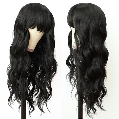 #ad Long Black Wavy Synthetic Hair Wigs Full Bangs Heat Safe Fiber Natural Women Wig $18.79