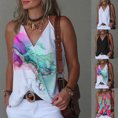 #ad Womens Sleeveless Print Tank Tops Ladies Summer V Neck Casual Vest Cami T Shirt $11.59