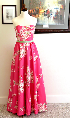 #ad Sherri Hill Formal Pagent Prom Dress Gown Sz 8 Strapless Pink Floral Beads Train $89.97