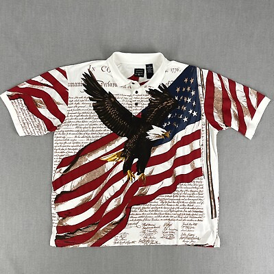 #ad Patriotic Polo Shirt Mens XL Red White Blue America Declaration 1776 AOP Freedom $18.95