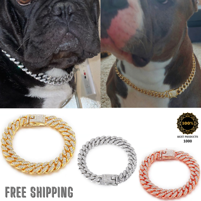 #ad #ad Luxury Dog Collar Chain Diamond Cuban Gold Rhinestones Pitbull Pet Cat Necklace $10.82