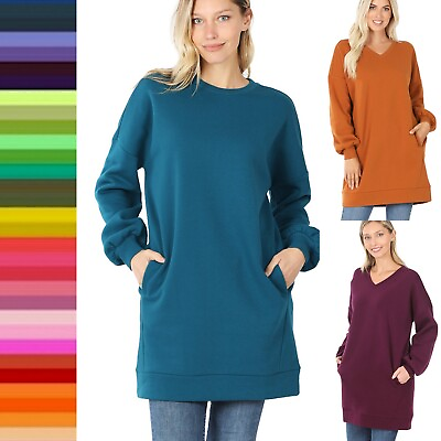 #ad Women Round or V Neck Oversized Loose Fit Warm Fleece Long Sweatshirt w Pockets $14.95
