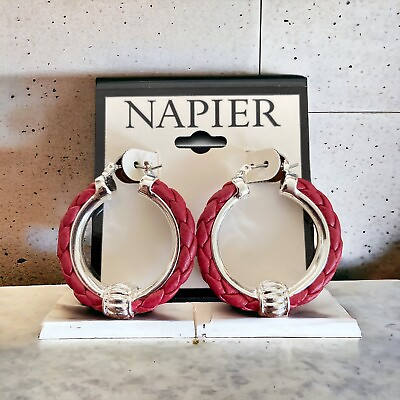 #ad Napier Silver Tone Red Braided 1 1 2quot; Hoop Earrings NWT $8.40