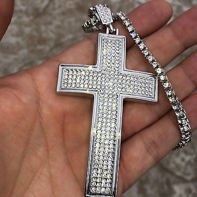 #ad Micro Pave Cross Necklace Silver Plated CZ Pendant 18quot; 30quot; Tennis Chain Necklace $46.94