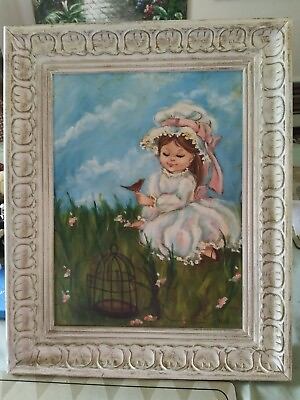 #ad Biel Signed Acrylic Art On Canvas quot;Girl with birdquot; Distressed Wood Frame 20 x 16 $213.74