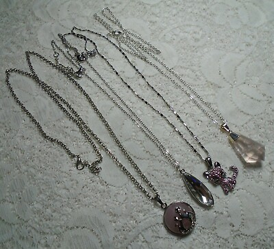 #ad ASSORTED PINK STONE amp; CRYSTAL PENDANT SILVER TONE NECKLACE LOT KITTY CAT $13.99