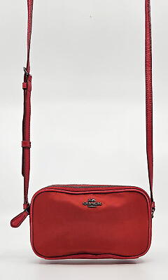 Coach Small Red Nylon Leather Double Zip Swing Crossbody Shoulder Bag Purse $54.00