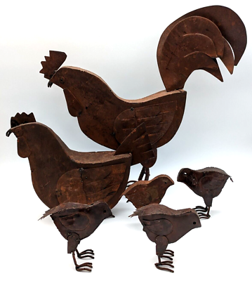 #ad Vintage Rustic Metal Rooster Hen And Four Baby Chick Sculptures $250.00