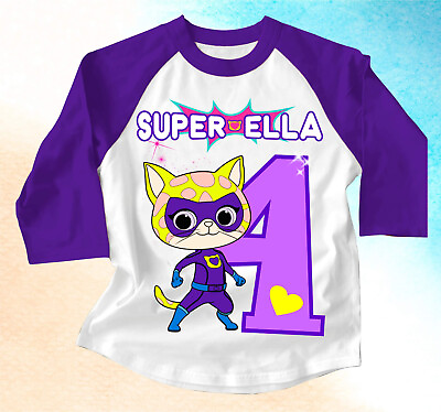 #ad Super Kitties Sparks custom Birthday T shirt Raglan Girls size 4 Purple sleeve $17.99