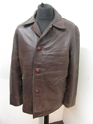 #ad VINTAGE 50#x27;S FRENCH LEATHER OVERCOAT TRENCH JACKET SIZE L WOOL LINED ACE PATINA GBP 69.00