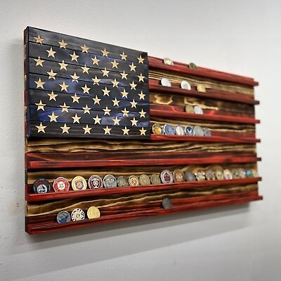 #ad Vintage American Flag Solid Wood Wall Mounted Challenge Coin Display Holder Rack $24.99