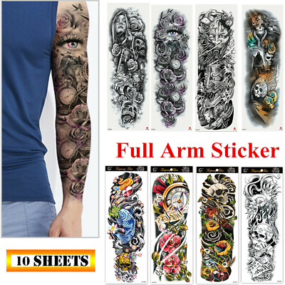 #ad 10 Sheets Fake Temporary Tattoo Large Full Arm Sticker Waterproof Black Color $11.53