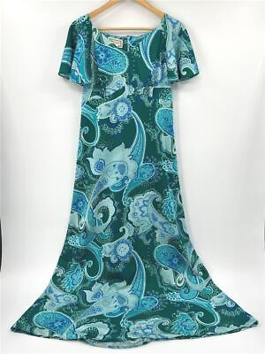#ad Vintage 70s Maluna Hawaiian Island Blue Green Paisley Woman#x27;s Dress Maxi Sz 14 $39.99