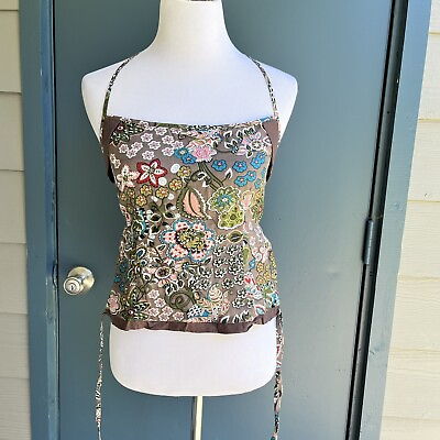 #ad Womens Summer Halter Camisole Top Size S M Brown Floral Cotton Cropped $9.00