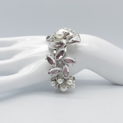 #ad VTG Flower Statement Hinge Bracelet 7.3quot; White Faux Pearls Marquise Rhinestones* $33.99
