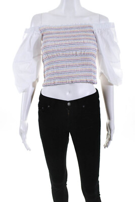 #ad Sokie Collective Womens Rainbow Puff Sleeve Top White Size L $36.29