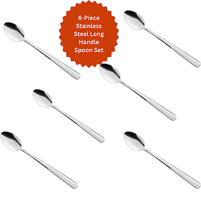 #ad 6 Piece 8quot; Stainless Steel Mixing Spoons Set Iced Teaspoons Ice Cream Spoon $9.39