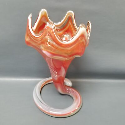 #ad Handmade Orange White Blown Art Glass 9.5quot; Tall Coil Trumpet Lily Vase $19.99