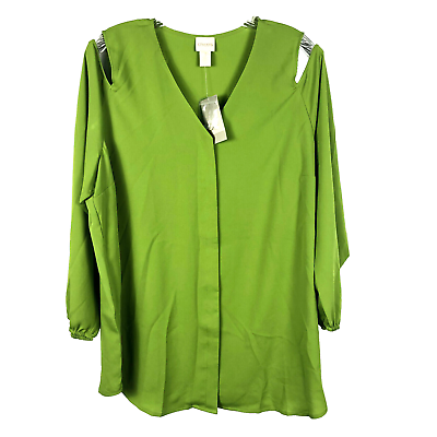 #ad Chicos 3 Top Sz XL 16 Fashion Blouse Long Sleeve Cold Shoulder Kiwi Green NEW $34.99