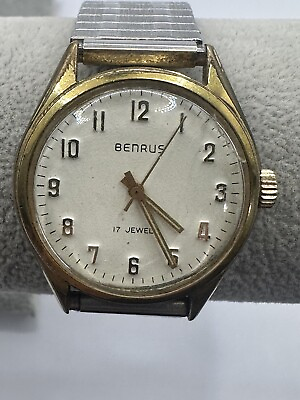 #ad Benrus Vintage 17 Jewels Manual Wind Mens Gold Plated Watch 35MM 6.5quot; $99.99