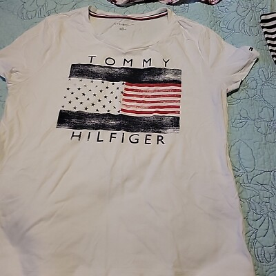 #ad Tommy Hilfiger Womens L Size Crew Neck Short Sleeve T Shirt USA Flag White $8.00